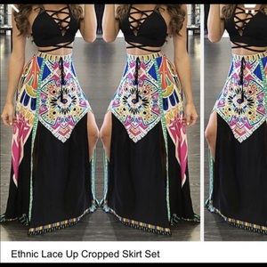 Ethnic lace up cropped skirt set